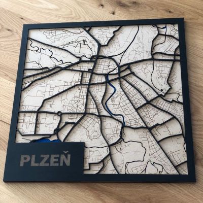 Dřevěná Mapa města Plzeň s 3D efektem | Čtverec 40 x 40 cm, Kruh průměr 40 cm