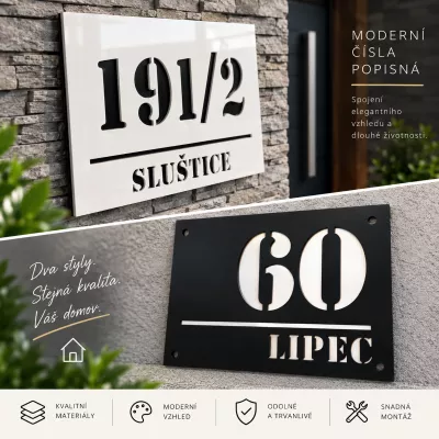 Moderní číslo popisné na dům, plot, vchod v provedení ALU dekor a plexi