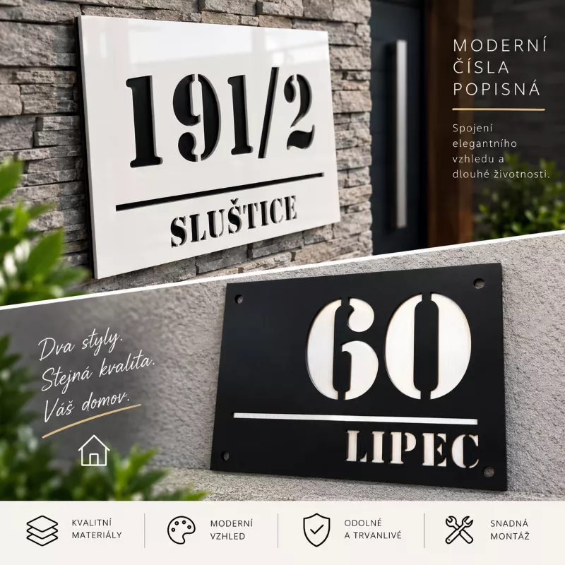 Moderní číslo popisné na dům, plot, vchod v provedení ALU dekor a plexi Home Deco