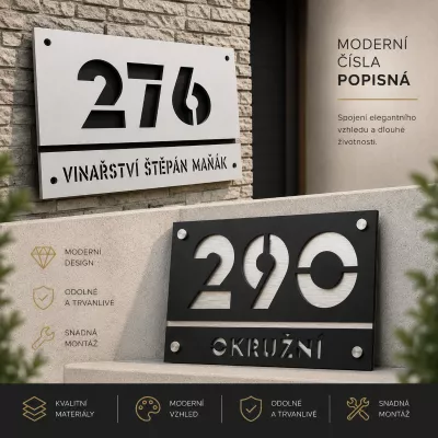 Moderní číslo popisné na dům, plot, vchod v provedení ALU dekoru a plexi