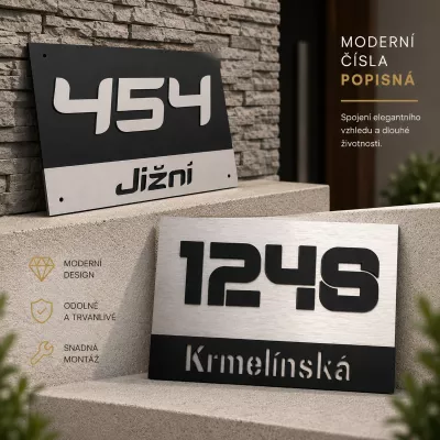 Moderní číslo popisné na dům, plot, vchod v provedení ALU dekoru a plexi 3D