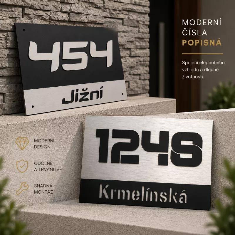 Moderní číslo popisné na dům, plot, vchod v provedení ALU dekoru a plexi 3D Home Deco