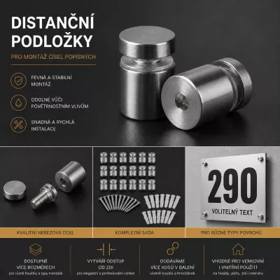 Sada nerez distančních podložek pro uchycení čísla popisného