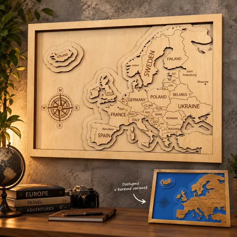 3D dřevěná dekorace na zeď - Mapa Evropy Home Deco