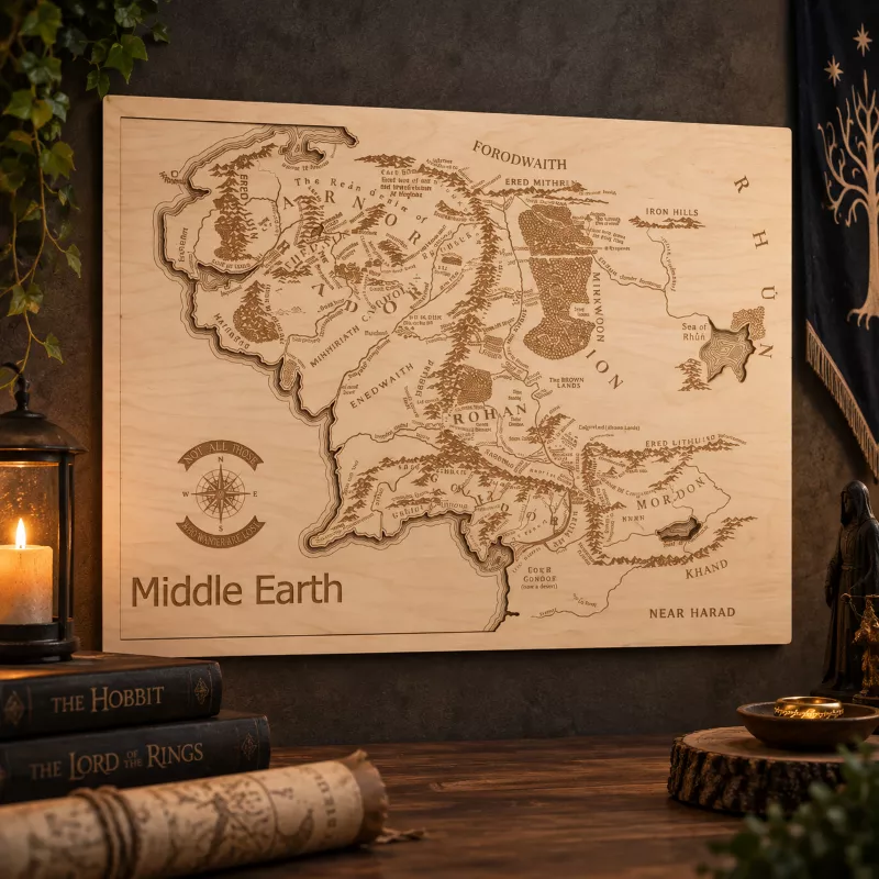 Dřevěná 3D mapa - Středozem - Middle Earth - LOTR Home Deco